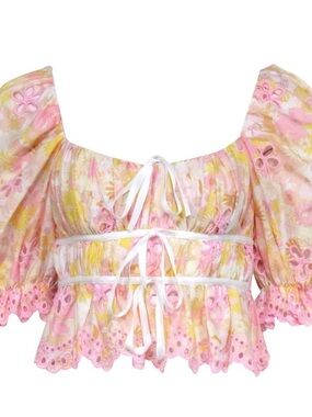 For Love And Lemons Pink and Yellow Floral Eyelet Crop Top